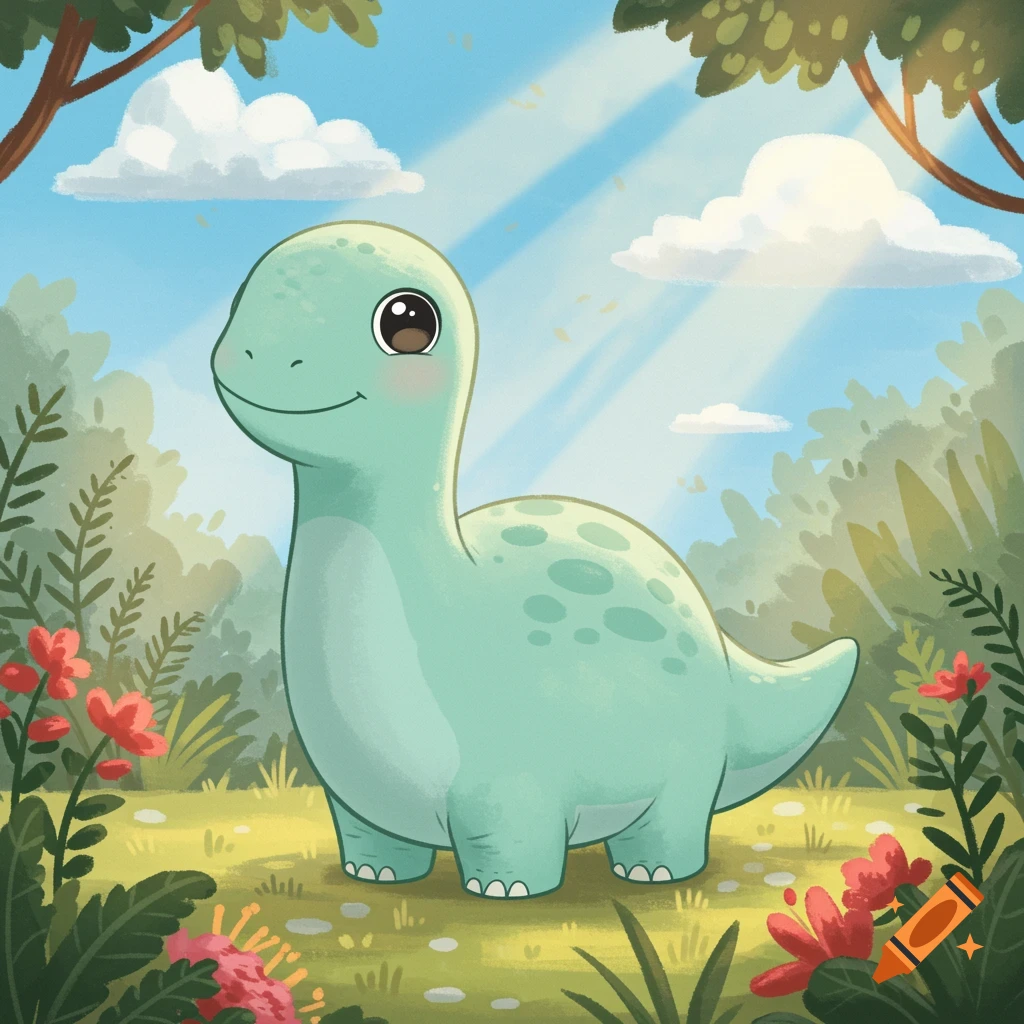 A cute, light green, chubby cartoon dinosaur with big eyes smiles in a lush green forest with red flowers under a blue sky.