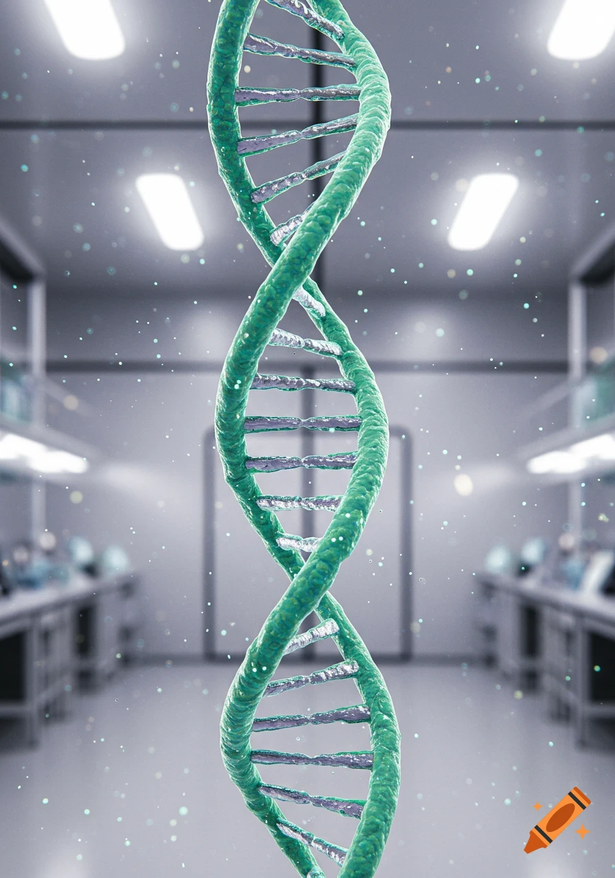 A photorealistic image of a green DNA double helix structure, centrally placed, against a blurred, brightly lit laboratory background.