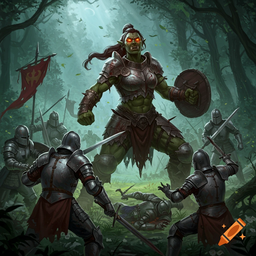 A fierce green-skinned orc warrior with glowing red eyes battles knights in a shadowy fantasy forest.