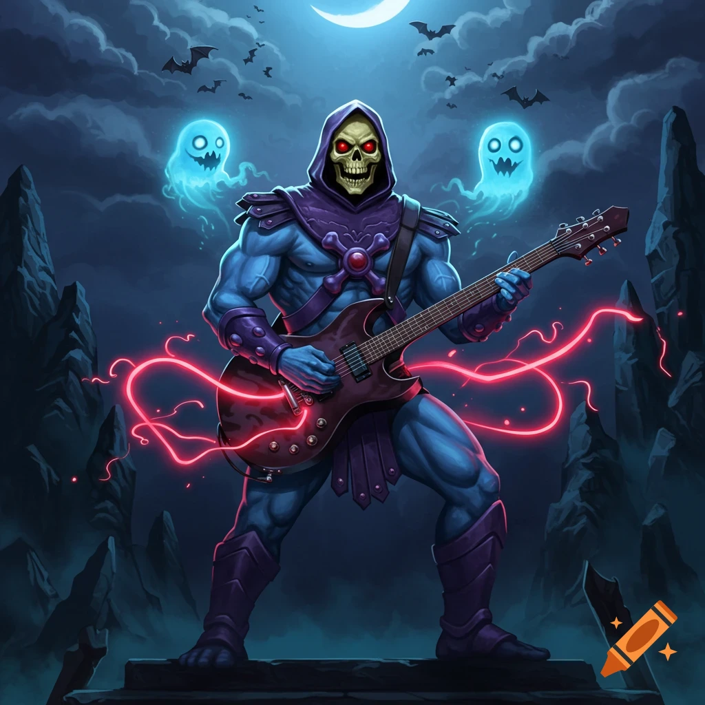 Skeletor plays a black electric guitar, with glowing red energy, under a crescent moon with bats and two blue ghosts in a dark, rocky landscape.