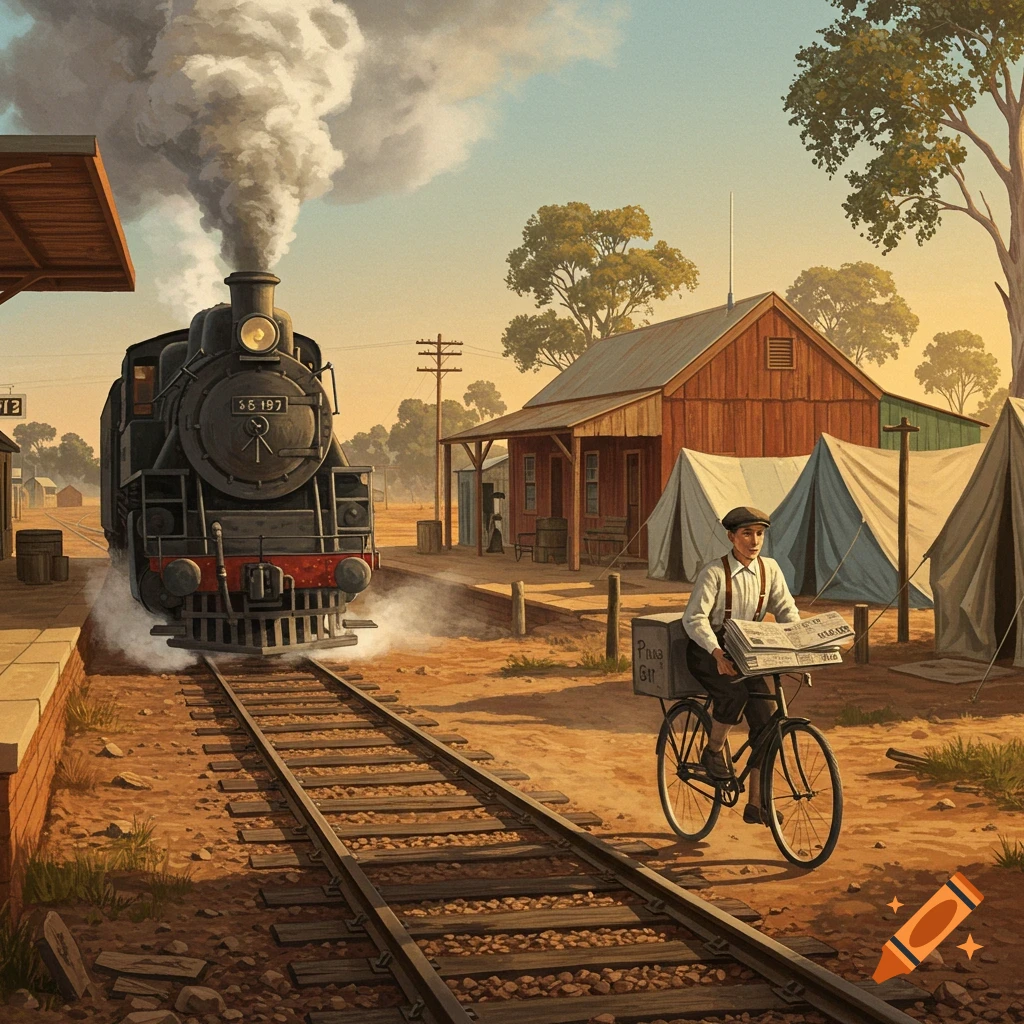 A steam train at a rural Australian rail station, with a newsboy on a bicycle carrying newspapers and a tent city in the background, in a painted style.