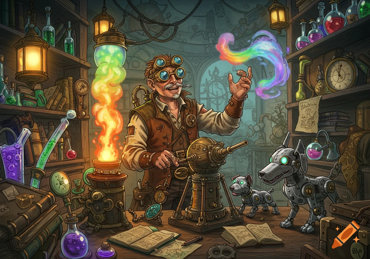 A whimsical steampunk artificer with goggles and a mustache works on a contraption in a cluttered lab, surrounded by glowing potions, colorful smoke, and two robot dogs.