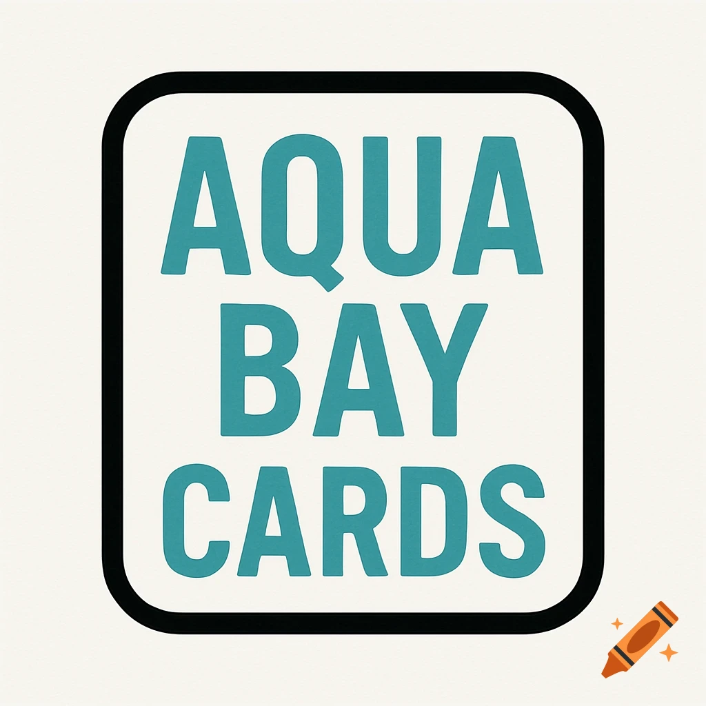 A simple, flat logo with a thick black outline surrounding the stacked aqua text "AQUA BAY CARDS" on a white background.