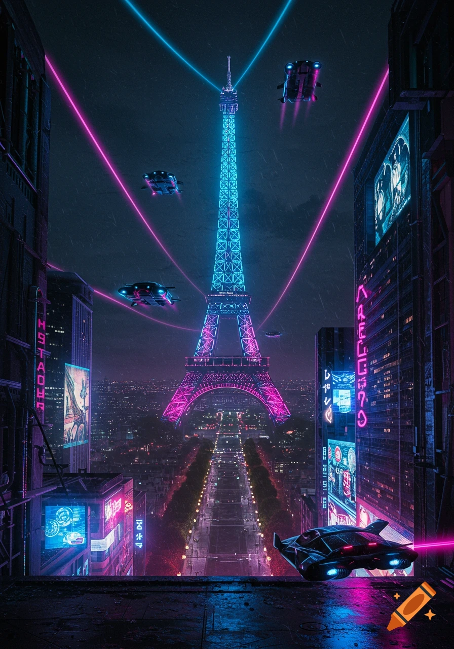 A futuristic, cyberpunk Paris at night, with the Eiffel Tower glowing in neon pink and blue, and flying cars in the sky.