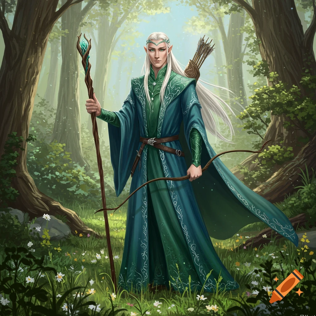 An elf with long white hair in green and blue robes stands in a forest, holding a staff and a bow.