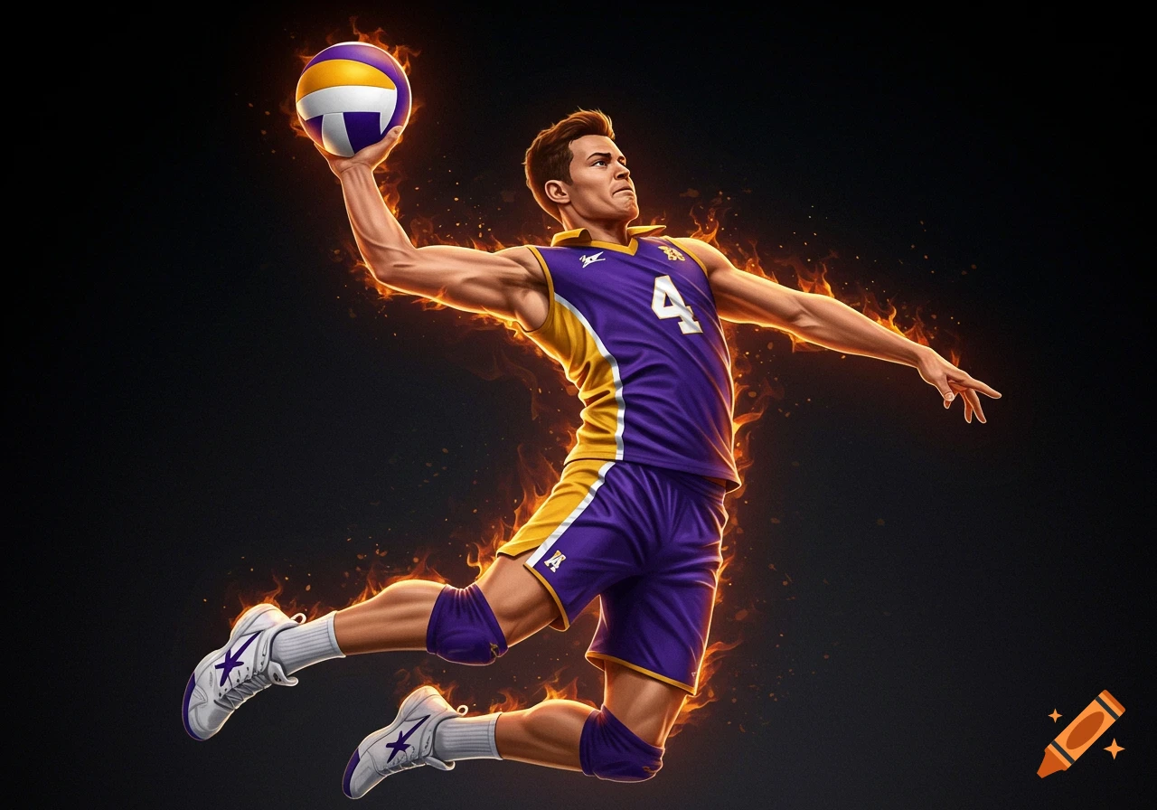 A male volleyball player in a purple and gold uniform jumps to spike a ball, surrounded by fiery energy, against a dark background.