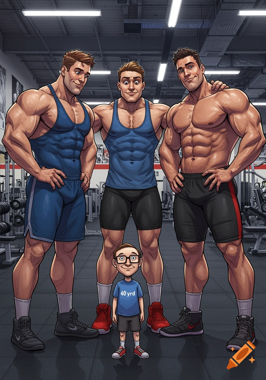 A stylized image of three muscular men in a gym looking at their small, one-foot-tall geeky friend who is standing in front of them.