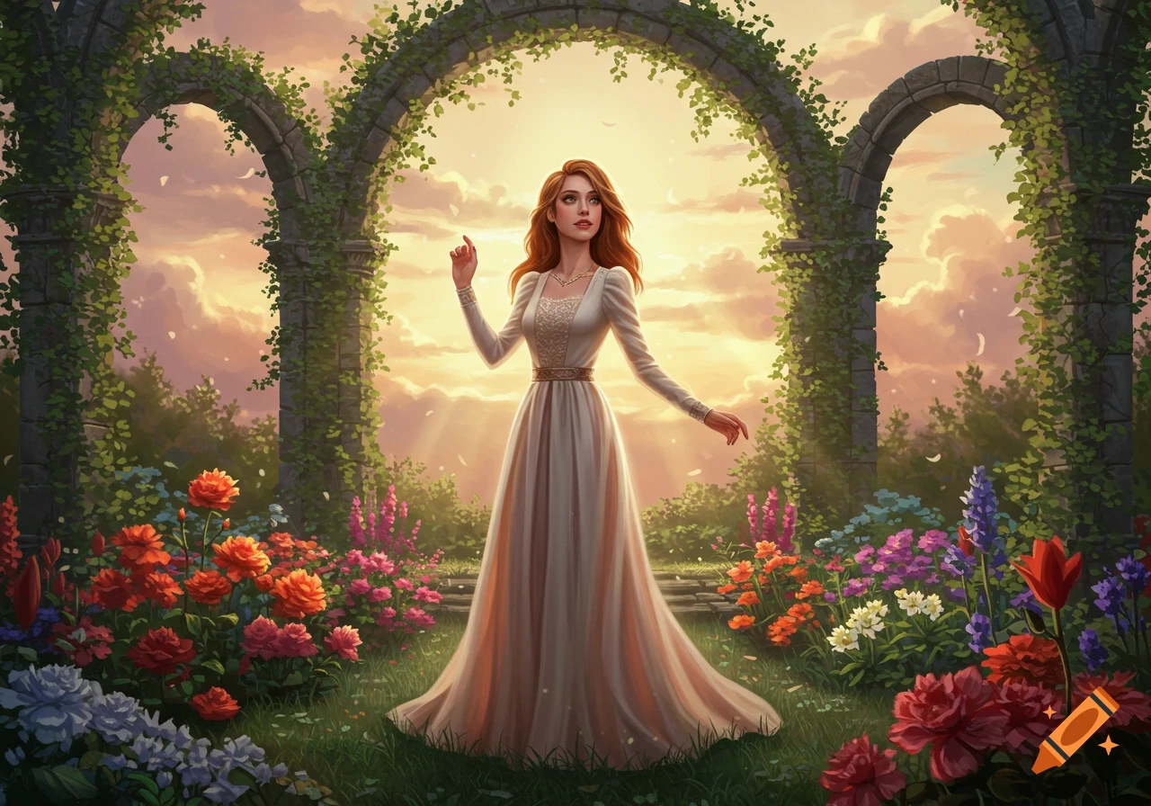 A woman in a long, elegant dress stands in a beautiful, sunlit fantasy garden with colorful flowers and vine-covered stone archways.
