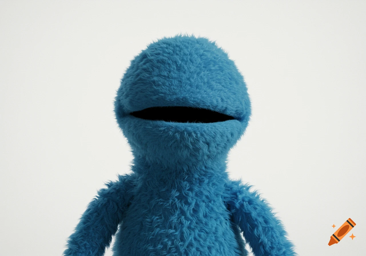 A realistic blue muppet-like creature with a large, dark, open mouth and no other facial features.