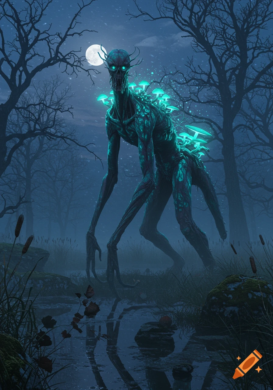 A tall, skeletal forest creature with glowing teal mushrooms on its back stands in a dark, moonlit swamp.