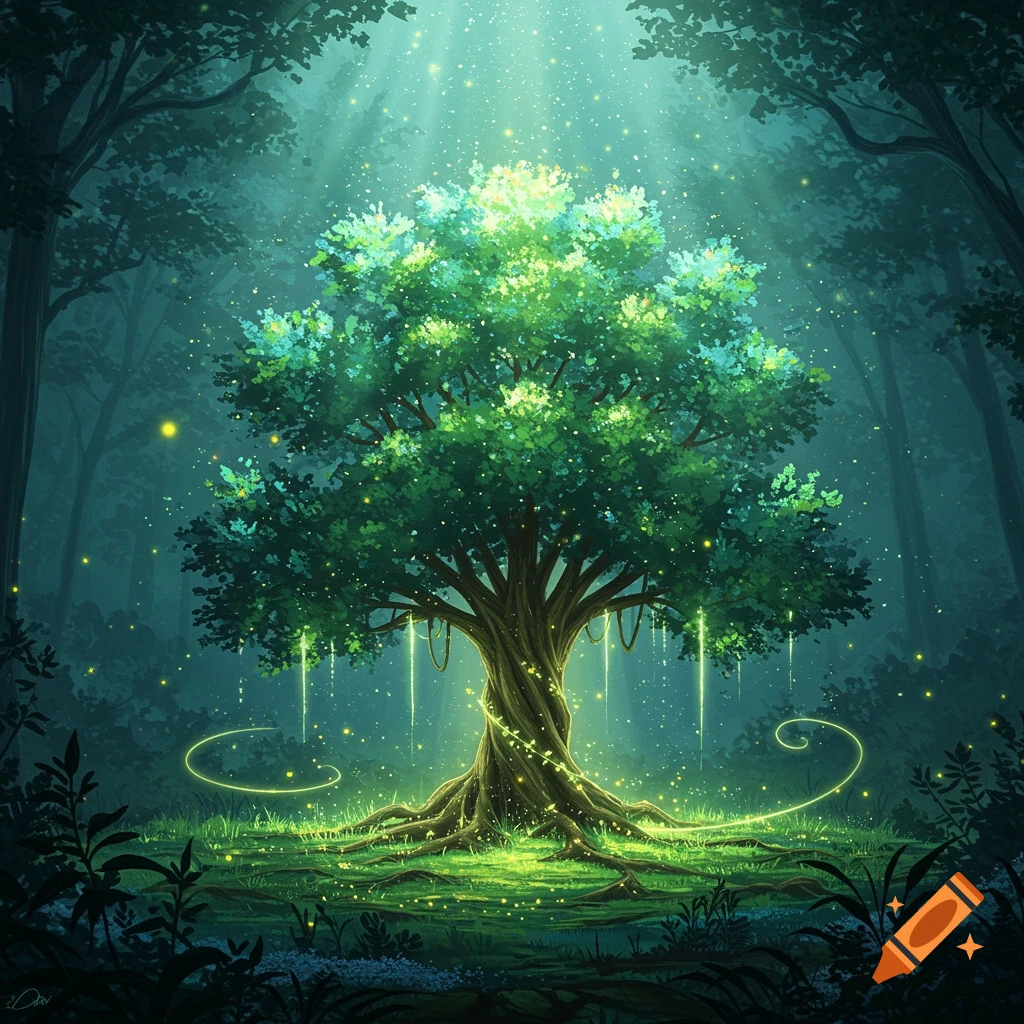 A luminous, magical tree with glowing roots and sparkling lights in a mystical dark forest, in a fantasy art style.