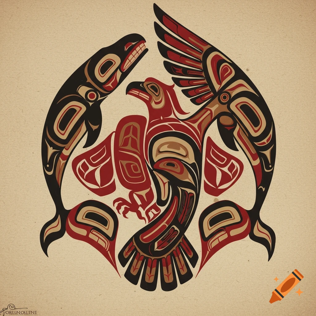 Symmetrical Pacific Northwest tribal art depicting an eagle and two whales in red, black, and beige on a textured background.