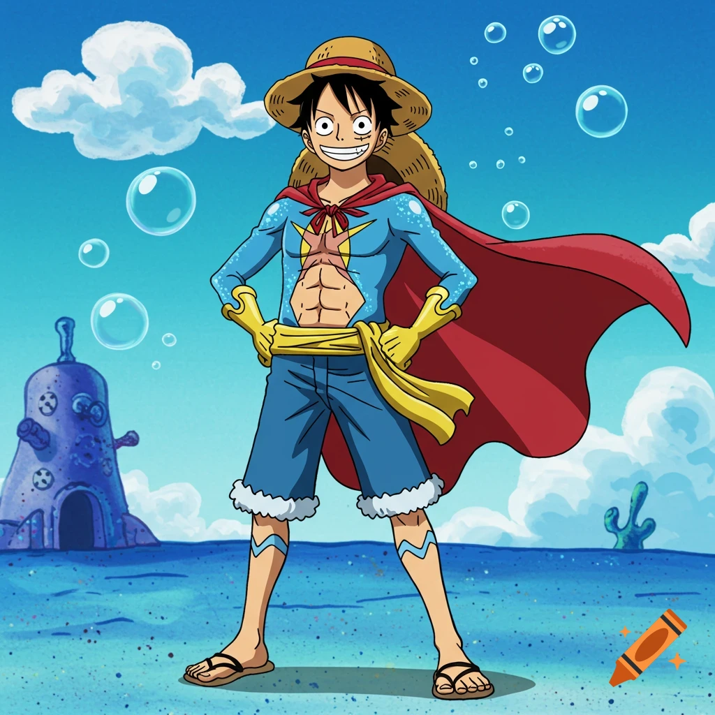 Cartoon of Luffy from One Piece dressed as Spongebob's Quickster, standing in an underwater landscape with bubbles.