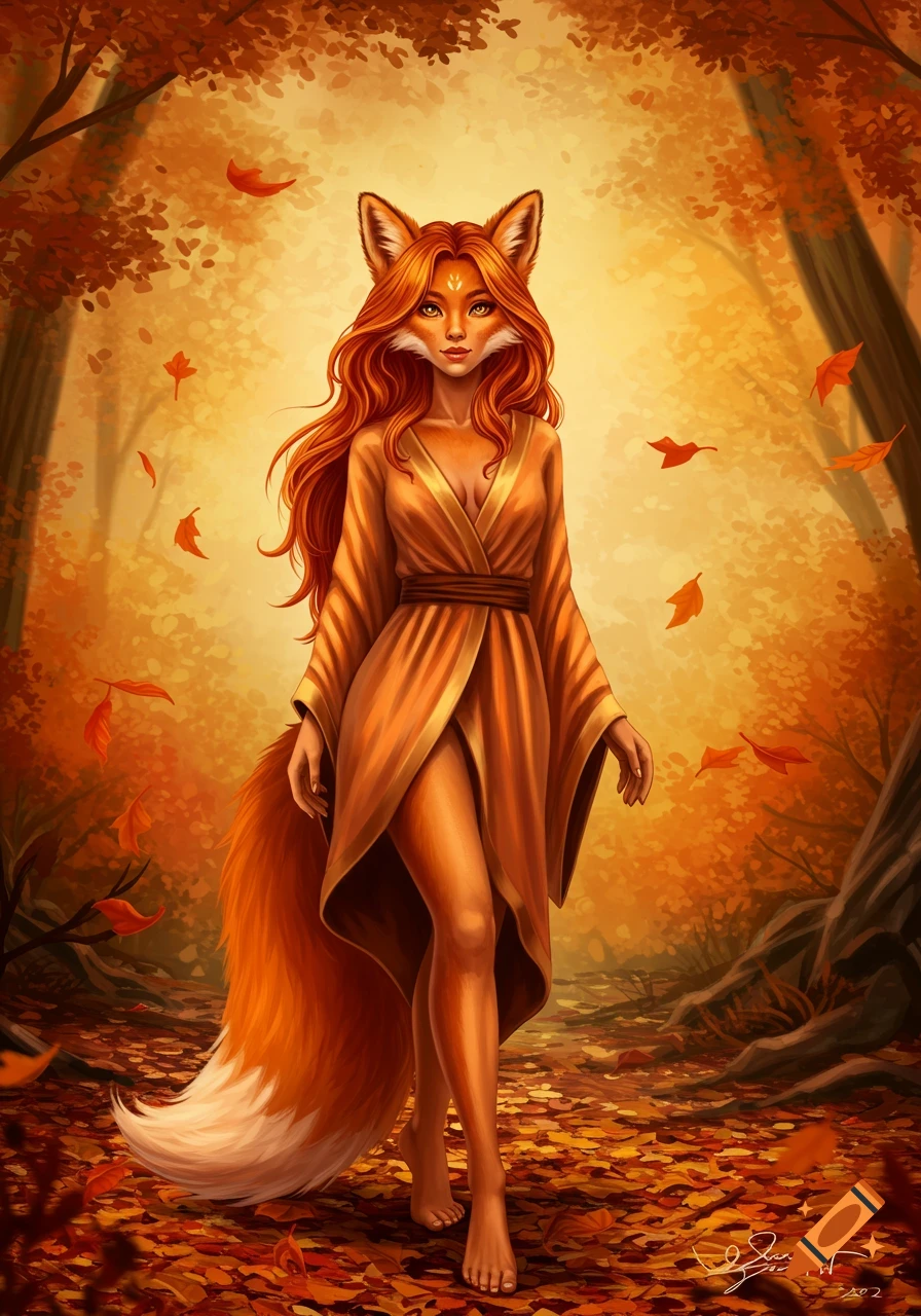 A humanoid fox woman with flowing orange hair and tail walks through an autumn forest with falling leaves.