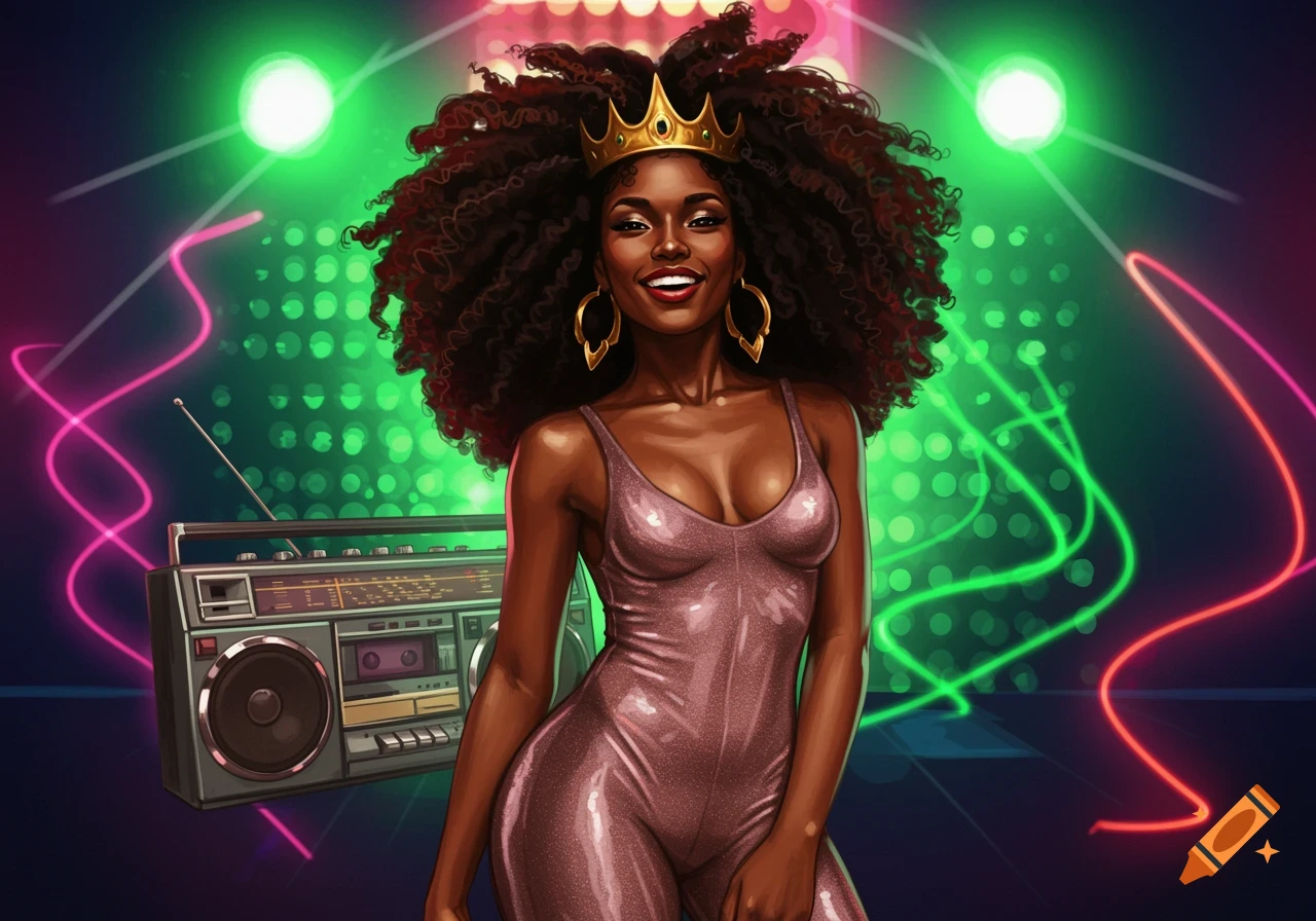 A smiling Black woman with long afrocurl hair and a gold crown wears a shimmering jumpsuit, posing next to a boombox amidst neon lights.