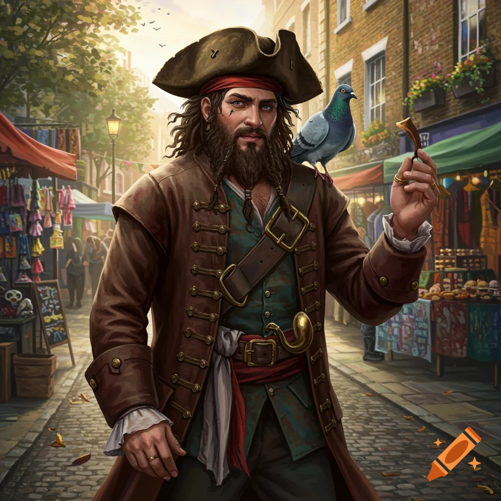 A stylized illustration of a pirate with a pigeon on his shoulder, standing in a bustling market street.