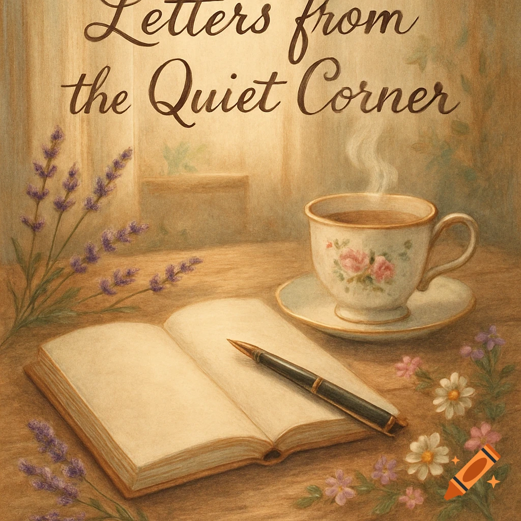 Illustration of an open book, pen, and steaming teacup on a wooden table, with lavender and flowers. Text 'Letters from the Quiet Corner'.