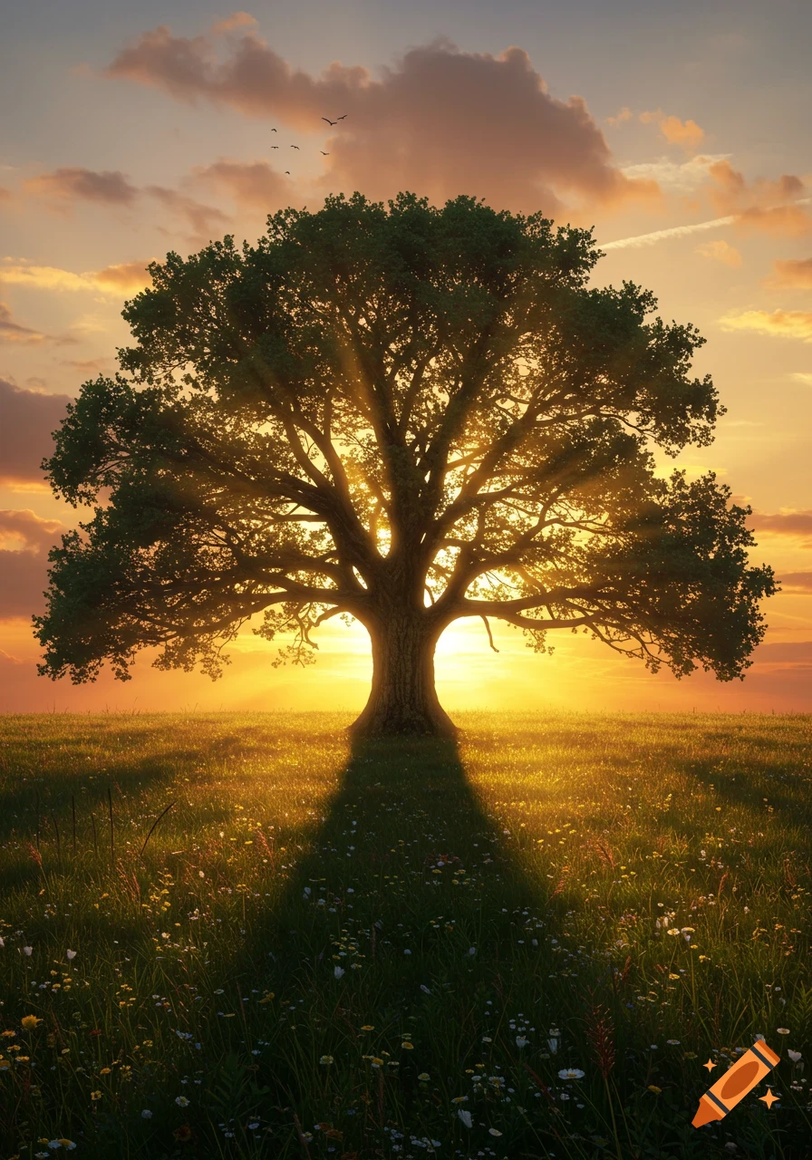 A large, leafy tree stands silhouetted against a vibrant golden sunset in a grassy field dotted with wildflowers.