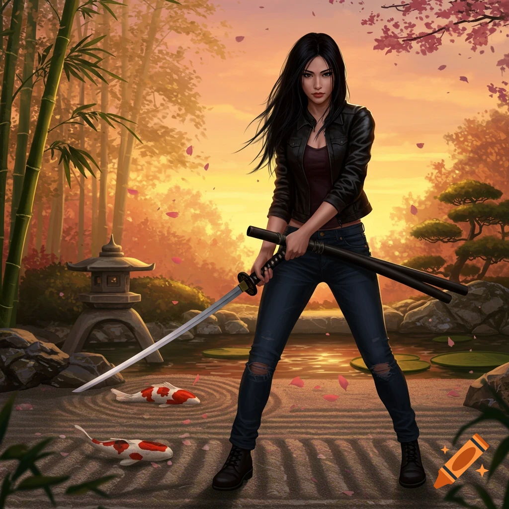 A Japanese woman in a black jacket and jeans holds a katana in a serene Japanese garden with koi fish and bamboo at sunset.