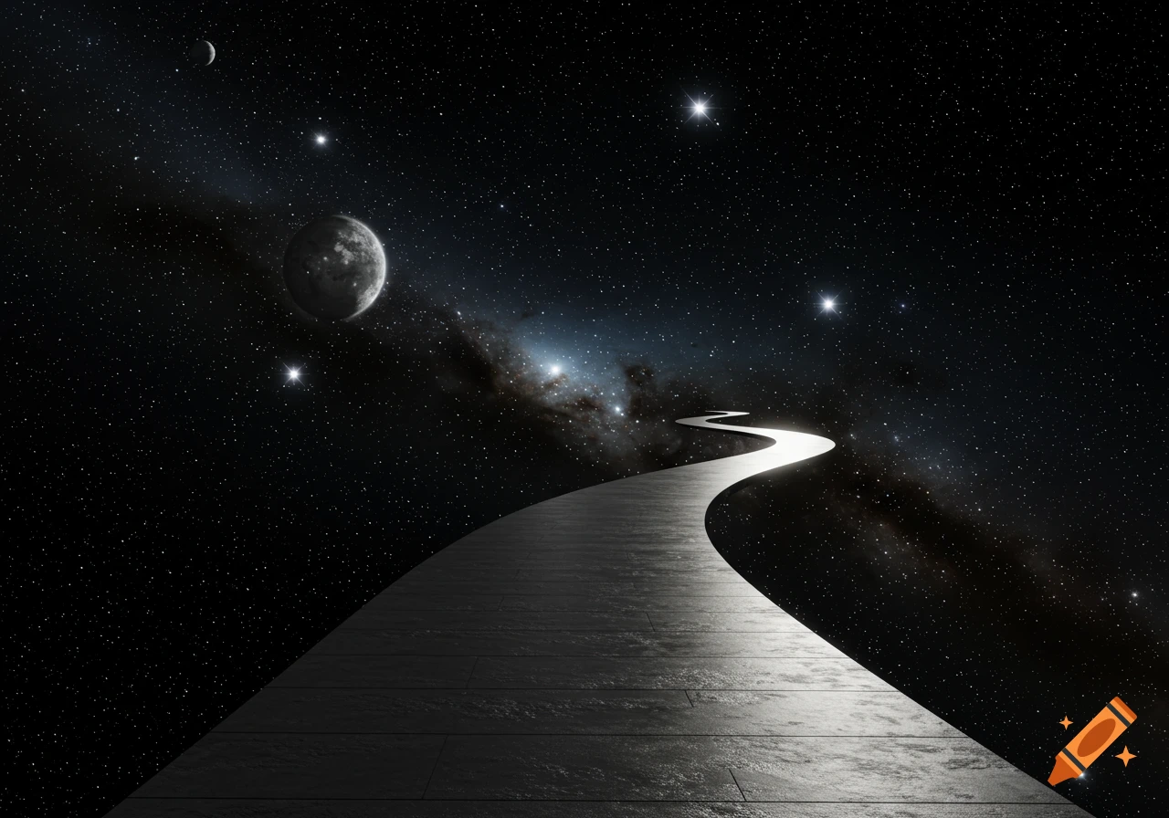 A winding path extends into deep space, surrounded by stars and distant planets.