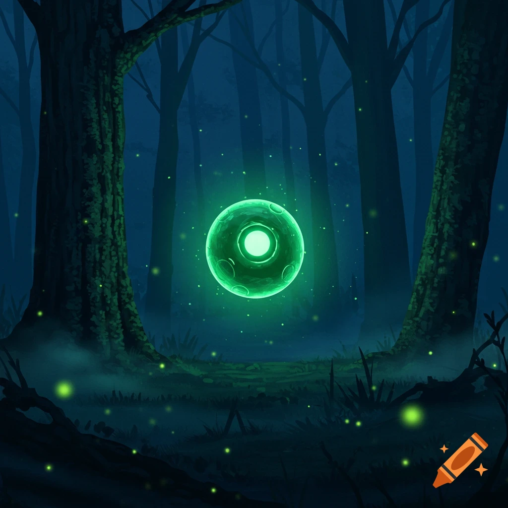 A glowing green orb floats among dark trees in a misty, dark forest, with small green lights on the ground.