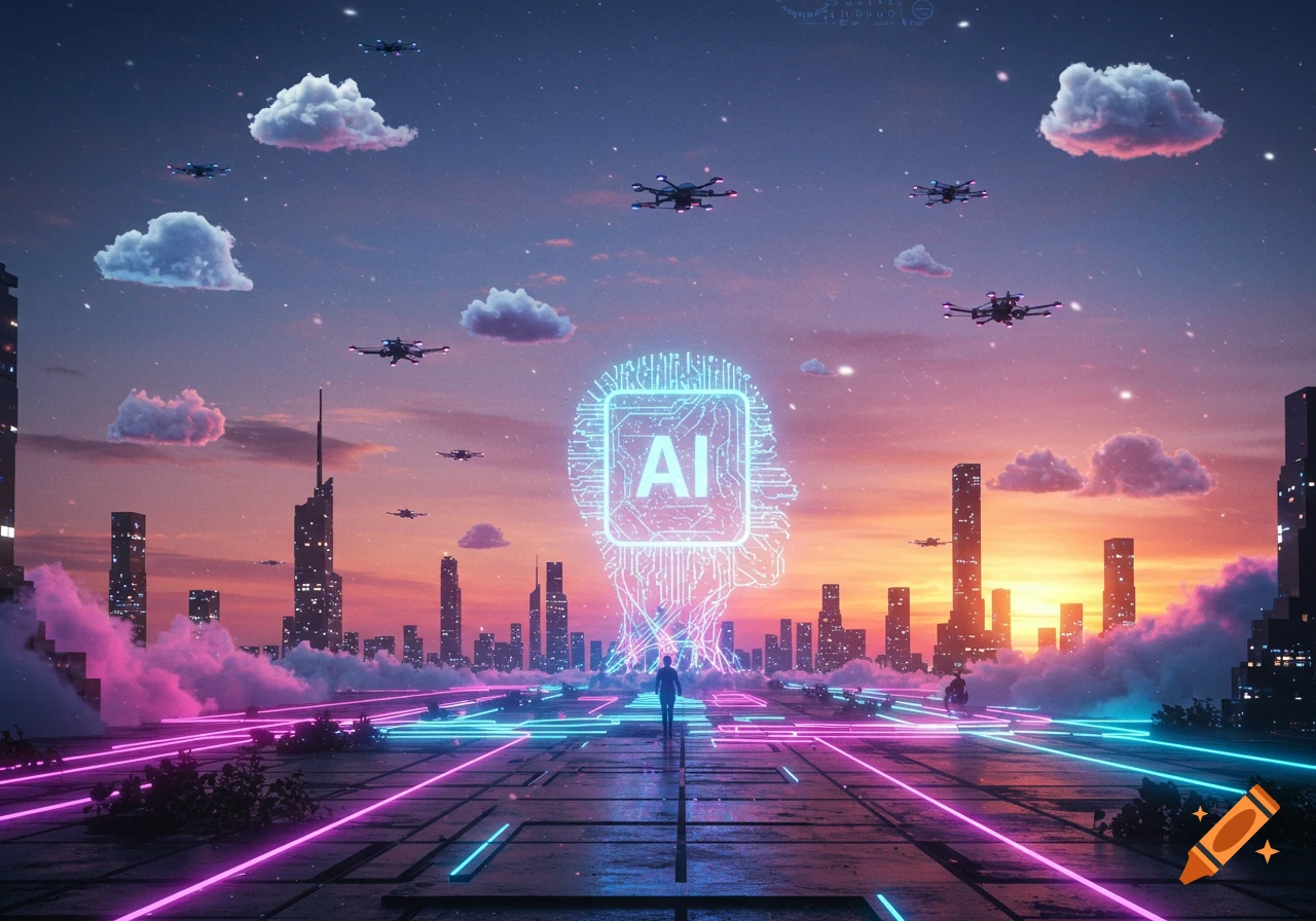 A futuristic cityscape at sunset with neon lines, flying drones, and a glowing AI brain symbol above a lone figure.