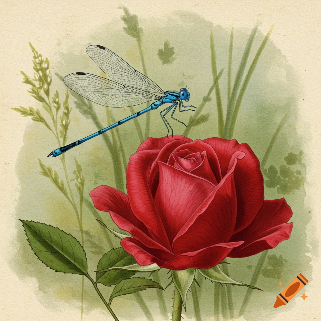 Blue dragonfly on a red rose in the style of a 1920s field guide botanical illustration.