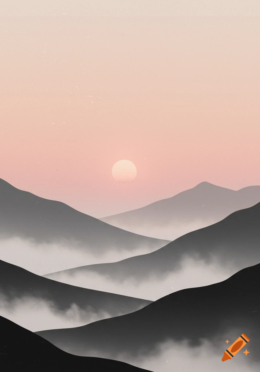 Minimalist art of layered misty mountains at sunset, with a soft pink sky and a large, pale sun.