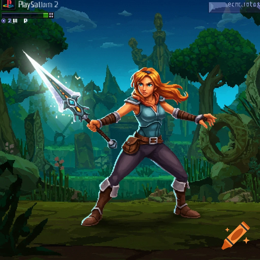 A pixel art female warrior in fantasy armor holds a glowing sword in a forest setting, mimicking a PlayStation 2 era game.