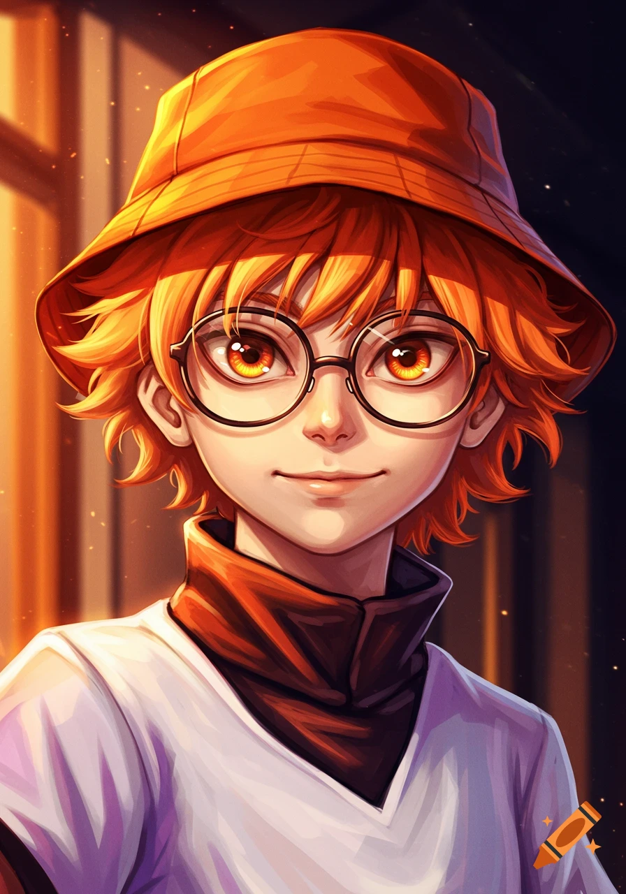 Anime-style portrait of a character with spiky orange hair, orange eyes, round glasses, and an orange bucket hat, looking forward.