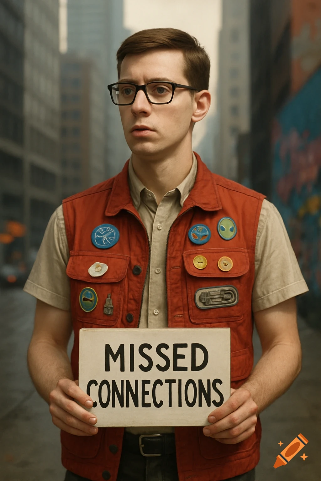 A nerdy man in a red vest with patches holds a sign reading 'MISSED CONNECTIONS' in an urban setting.
