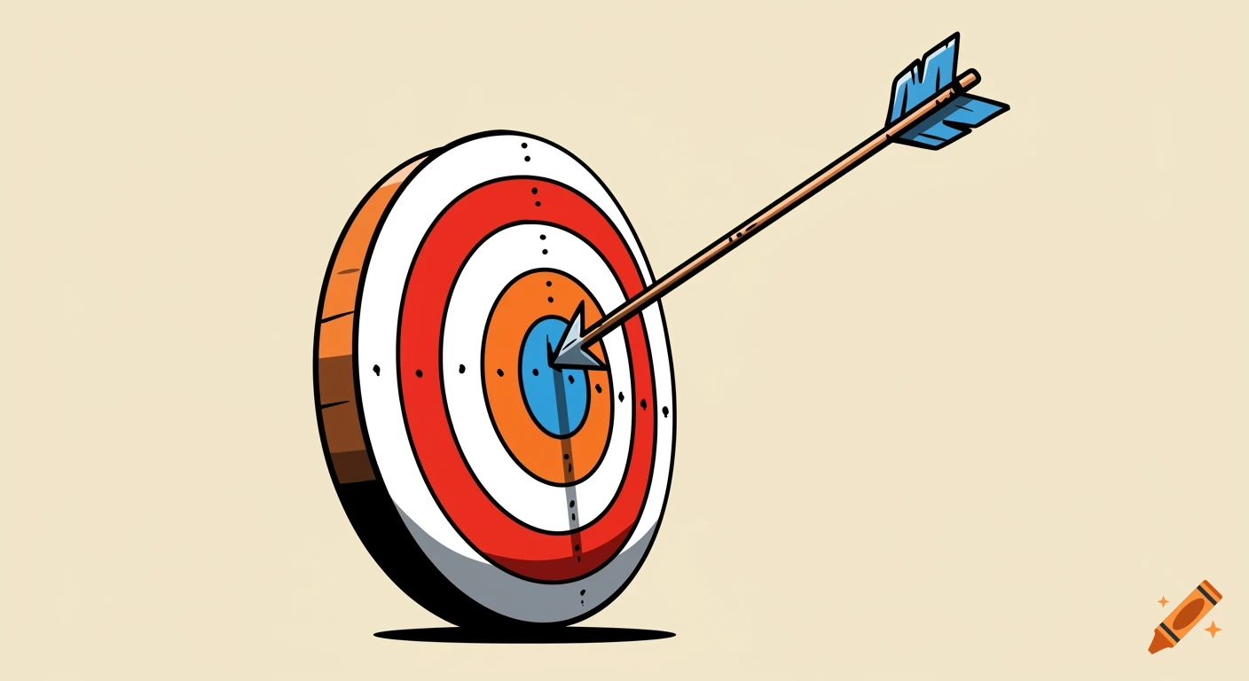 Cartoon illustration of a bullseye target in red, white, orange, and blue with a brown and blue arrow hitting the center.