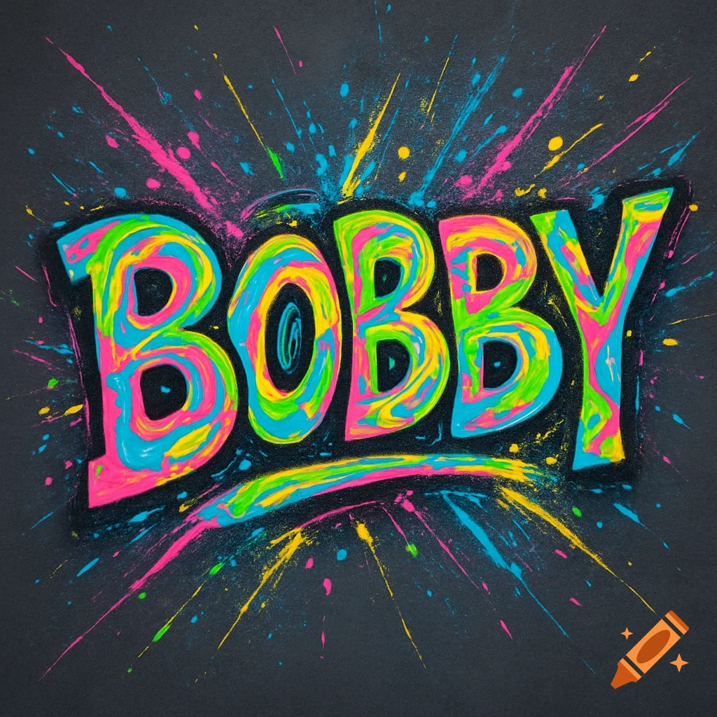 The name BOBBY written in bold, neon, multi-colored letters with a black outline, set against a dark background with vibrant paint splatters emanating from it.