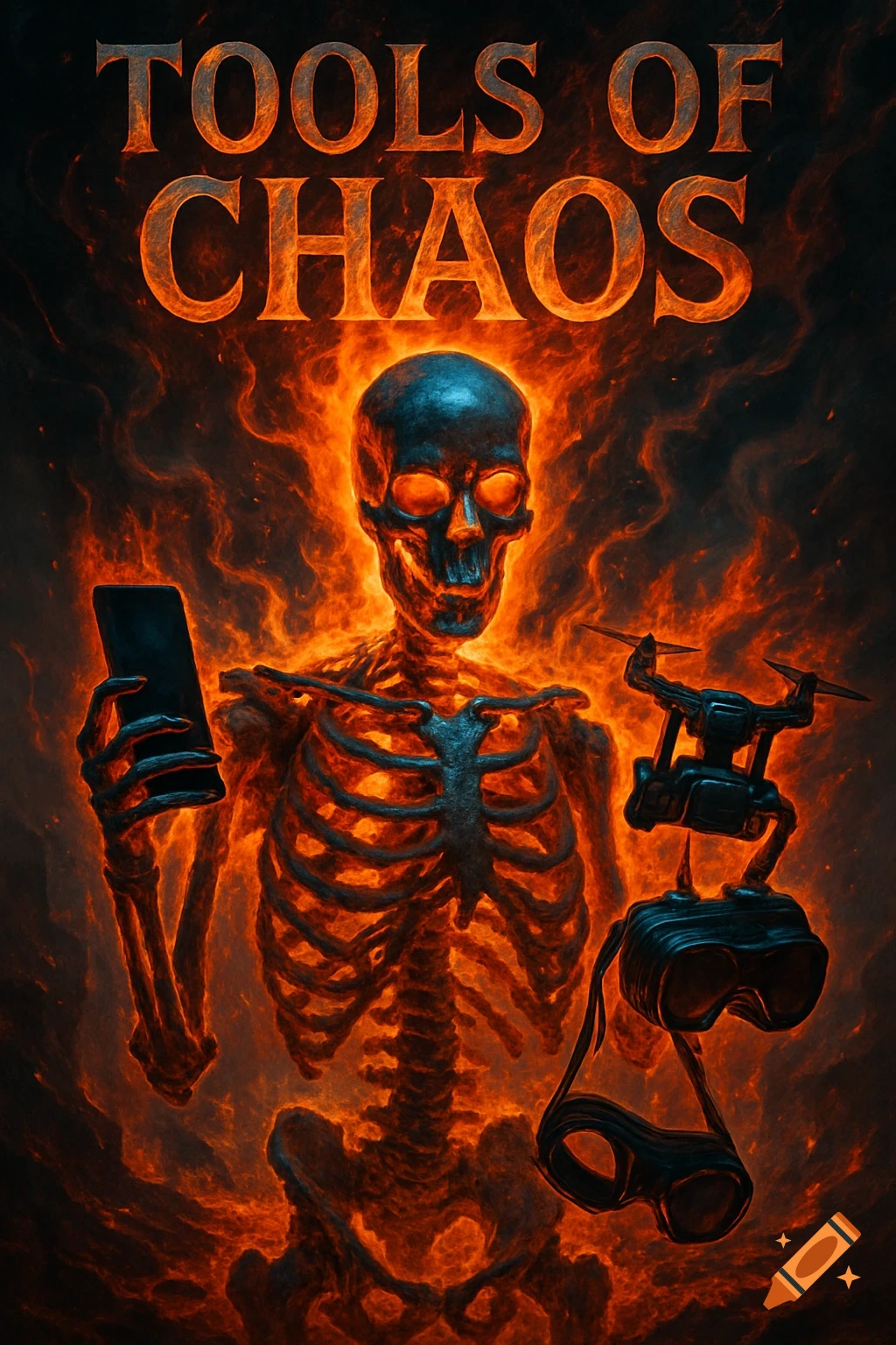 A fiery skeleton holding a smartphone, surrounded by a drone and binoculars, with the text 'TOOLS OF CHAOS'.