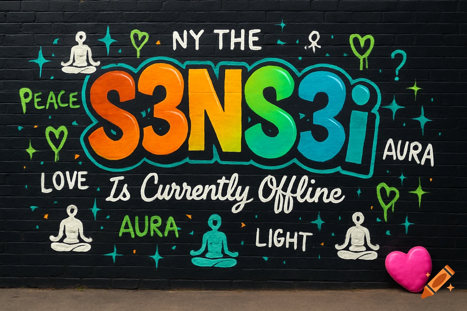 A vibrant graffiti mural on a black brick wall with large colorful text "S3NS3i Is Currently Offline", surrounded by white meditating figures, green hearts, and stars. A pink heart pillow rests on the ground.