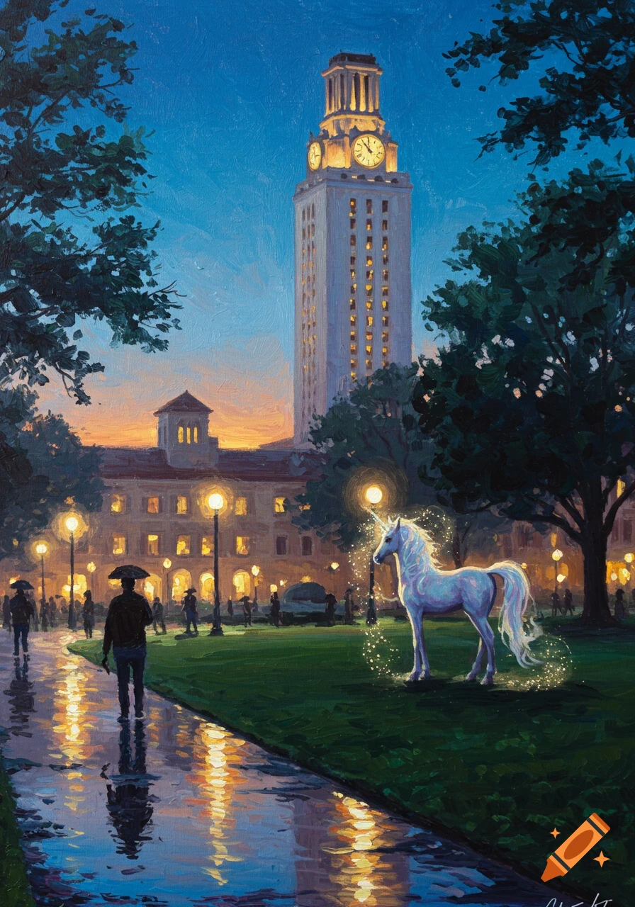 An impressionistic painting depicts a unicorn on a university campus lawn at night, with a tall bell tower and illuminated buildings in the background. Rain reflects on a wet path, and figures with umbrellas walk nearby.