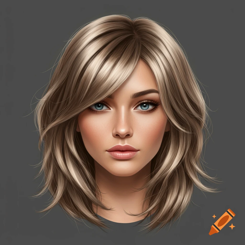 Digital art portrait of a woman with blonde, layered hair and blue eyes against a dark grey background.