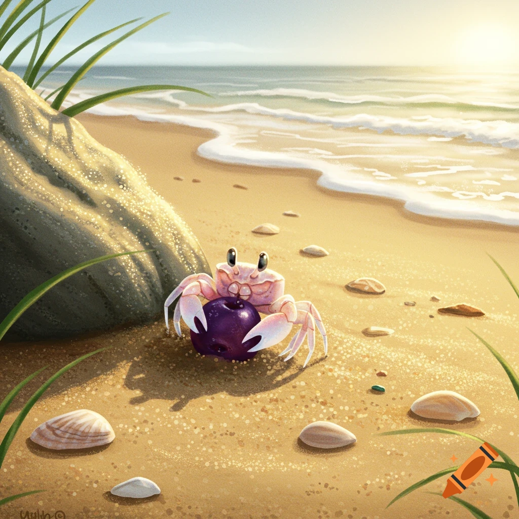 A cute pink cartoon crab with big eyes holds a purple huckleberry on a sandy beach, with ocean waves and sunlight in the background, in an illustrative style.