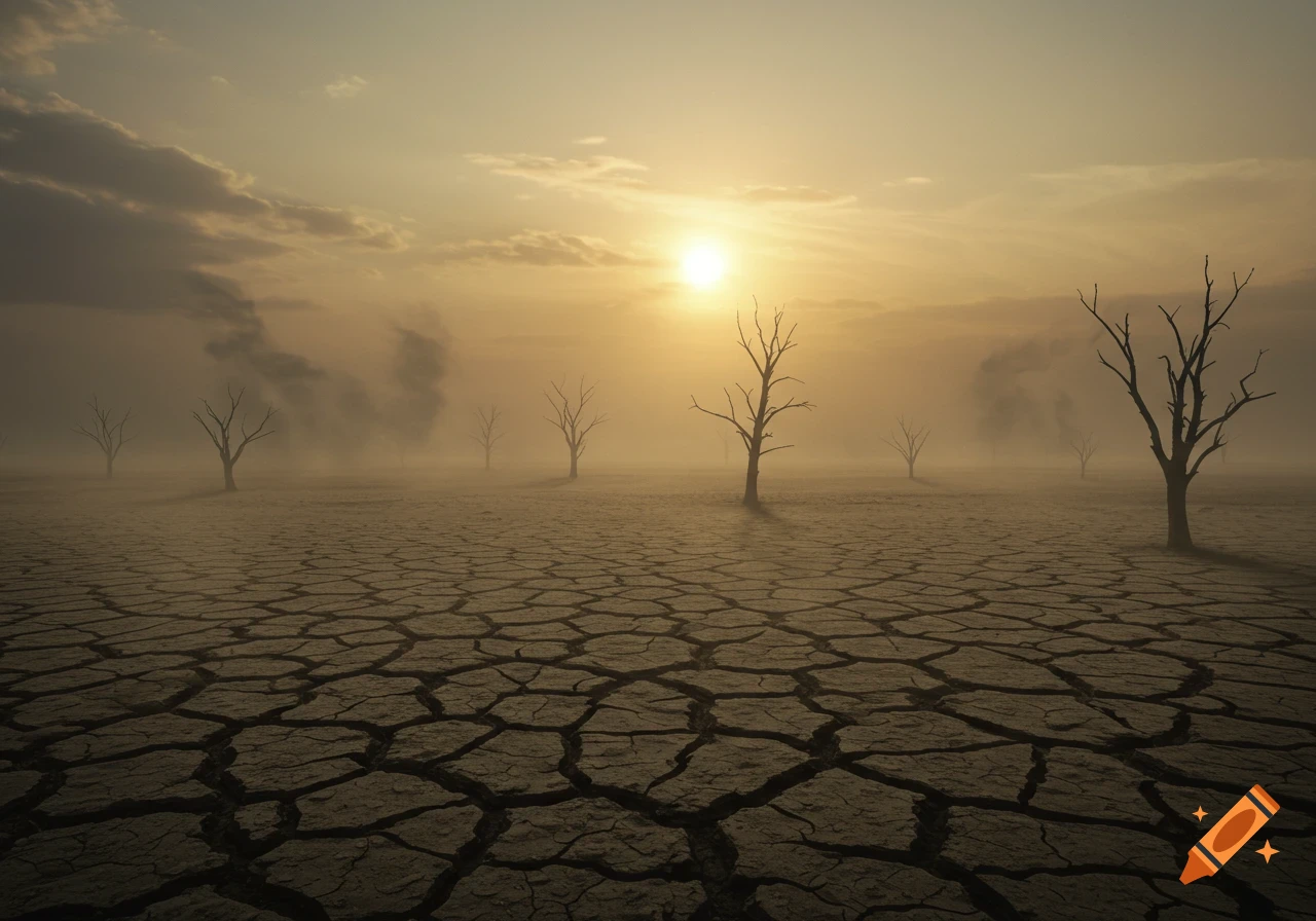 Desolate landscape of cracked earth with bare trees under a hazy, orange sunset sky with smoke.