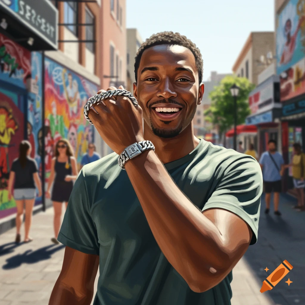 A happy man in a green shirt shows off a silver chain bracelet and a watch on a vibrant city street.