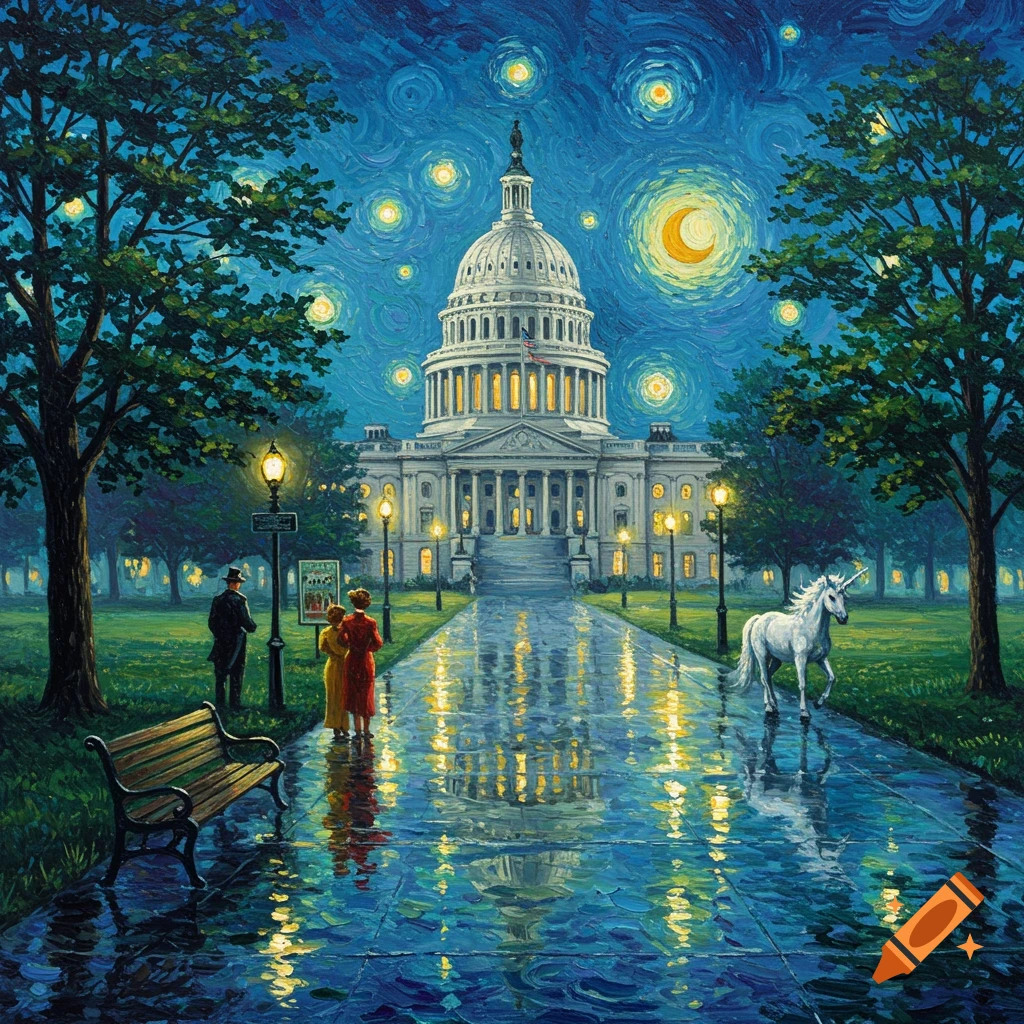 Impressionistic painting of the US Capitol building under a starry night sky, with a unicorn on a wet path, people, and trees.