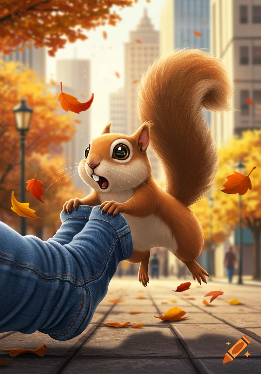 A wide-eyed cartoon squirrel jumps or clings to a person's jean-clad leg amidst falling autumn leaves in a city park.
