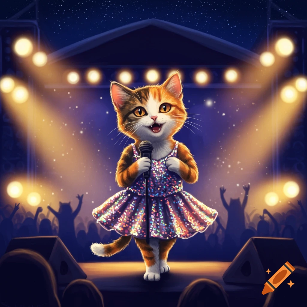 A cute cartoon calico cat in a sparkly purple dress sings into a microphone on stage at a night concert, illuminated by bright spotlights with a silhouetted audience.