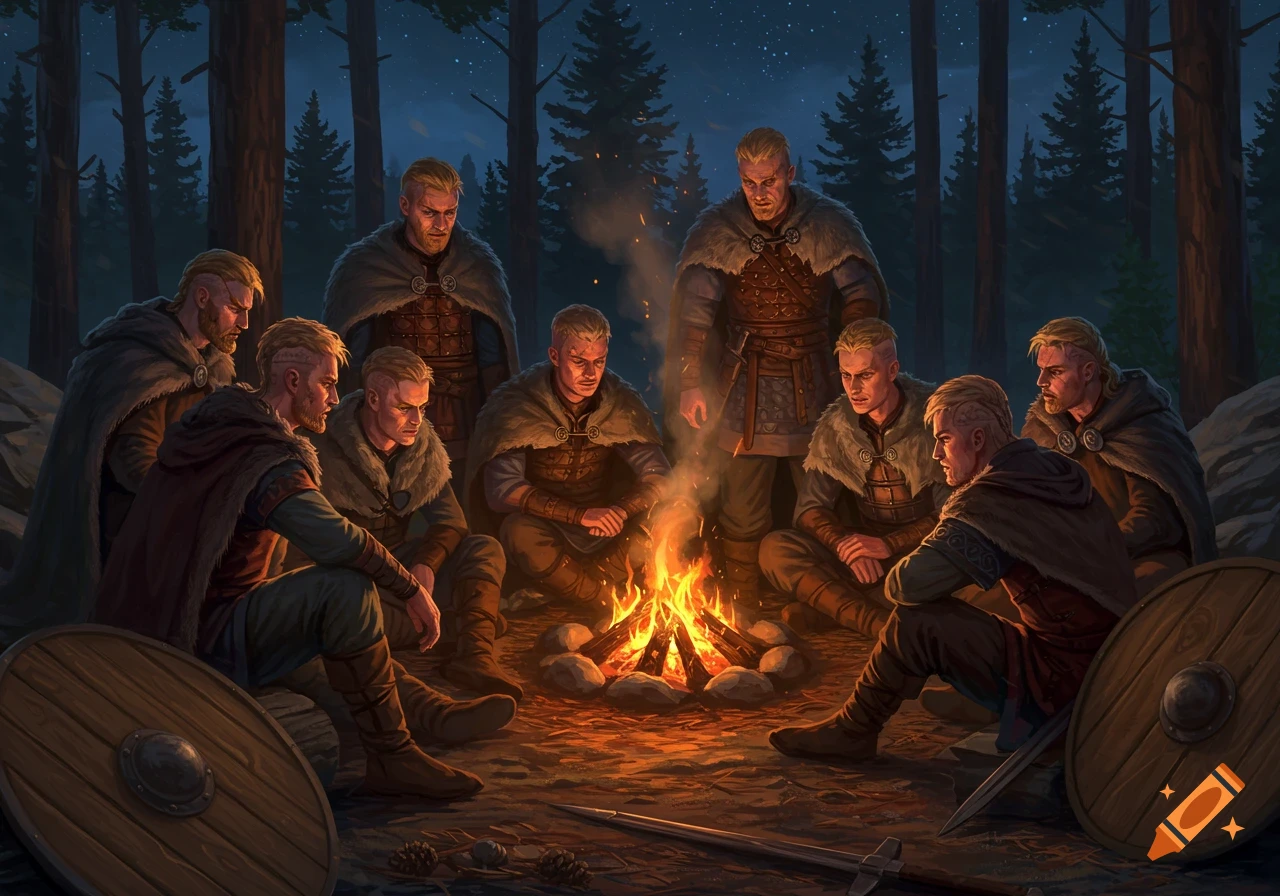A group of Norse men sit around a campfire at night in a forest, depicted in a digital painting.