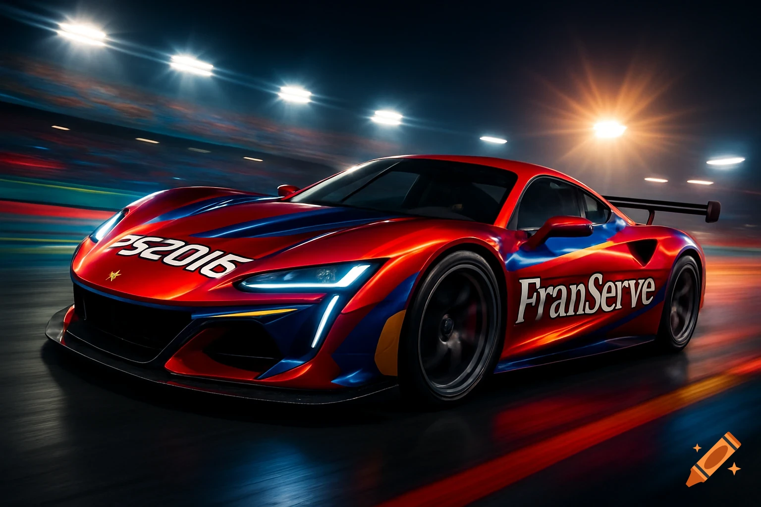 A vibrant red, blue, and yellow race car, emblazoned with 'FranServe' and 'PS2016', speeds down a track at night under bright stadium lights.