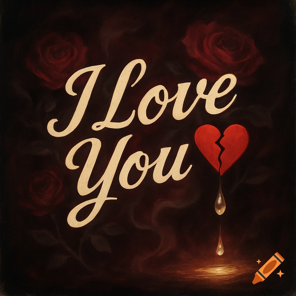 Melancholic album art with 'I Love You' in stylized text and a dripping broken red heart, on a dark background with faded roses.
