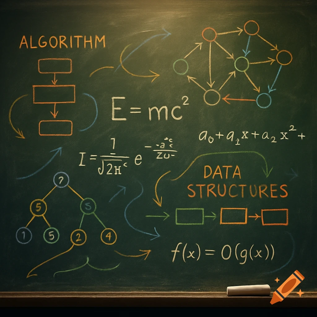 A dark green chalkboard filled with various computer science and mathematical diagrams and equations in colorful chalk. Text includes 'ALGORITHM', 'E = mc^2', 'DATA STRUCTURES', and 'f(x) = O(g(x))'. A piece of chalk rests on the ledge.