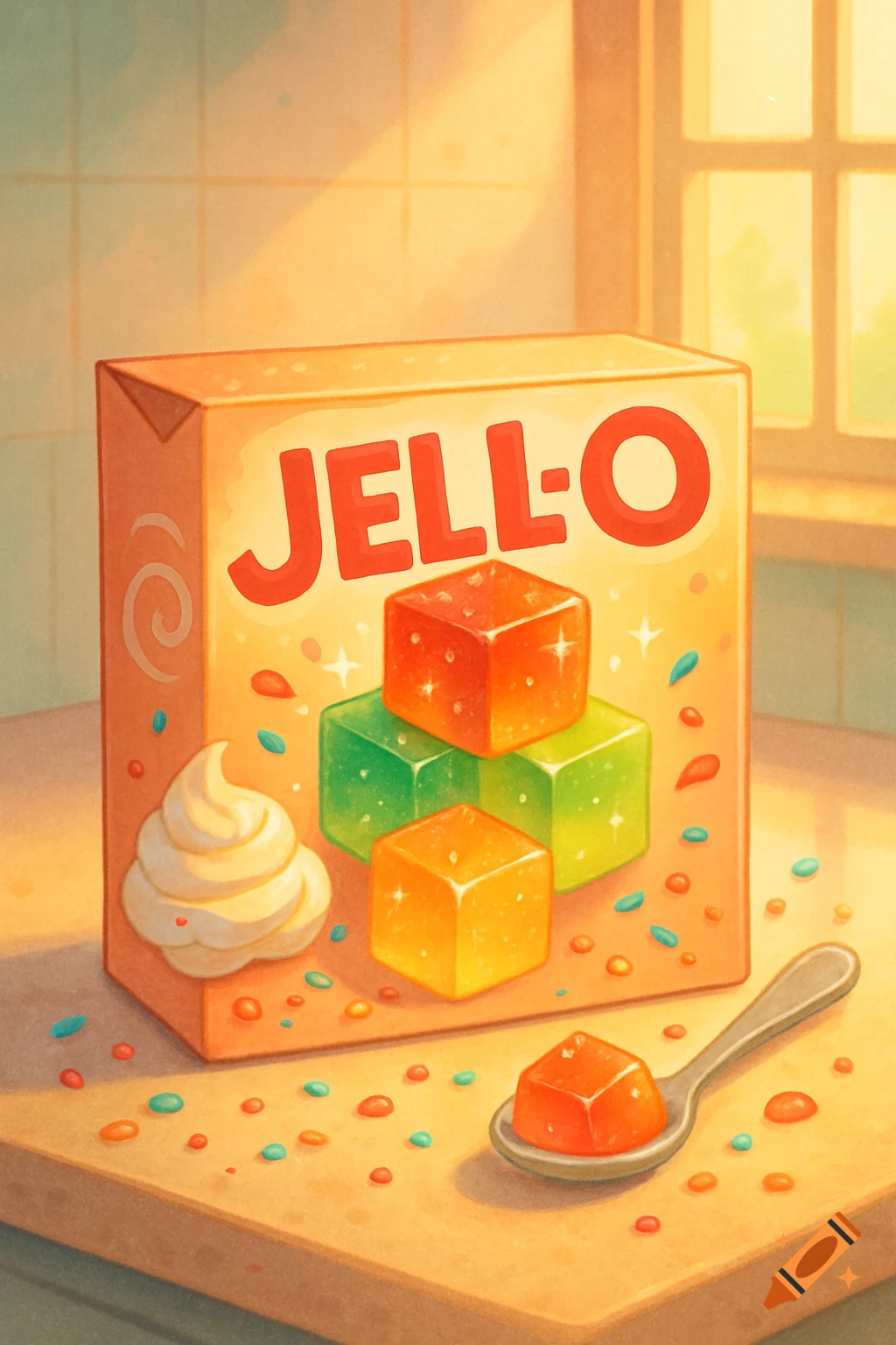 An illustrated box of Jell-O with colorful gelatin cubes, whipped cream, and sprinkles on a sunlit counter.