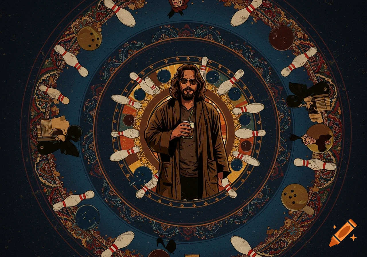 A stylized mandala features a man resembling The Dude, in a robe and sunglasses, holding a drink, surrounded by bowling pins and balls.