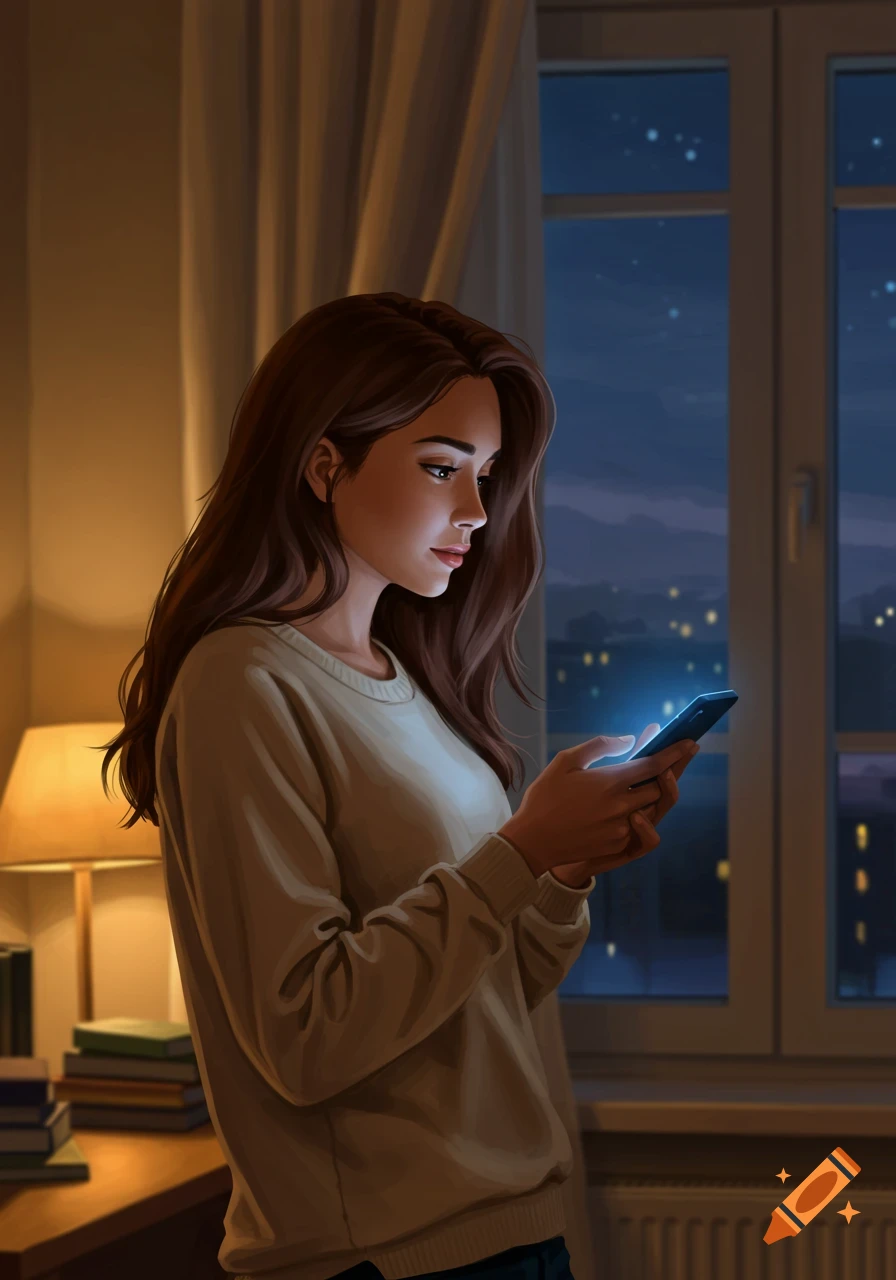 Digital illustration of a young woman looking at her glowing phone by a window at night, with a city skyline visible outside.
